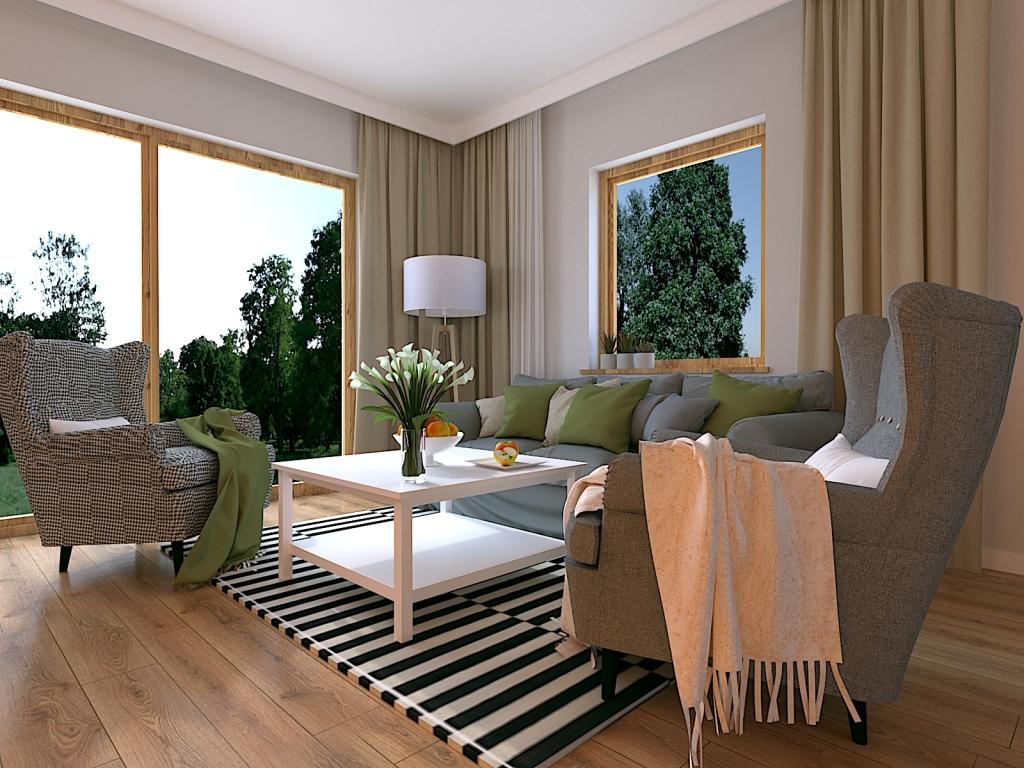 Urządzony salon z kuchnią