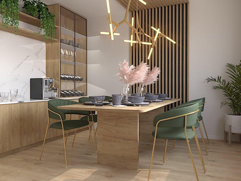 Projekt jadalni w salonie Męcina na wizualizacji widzimy stół dla 6 osób, lamele drewniane na ścianie za stołem, zabudowe z witrynami, piękną złotą lampę nad stołem