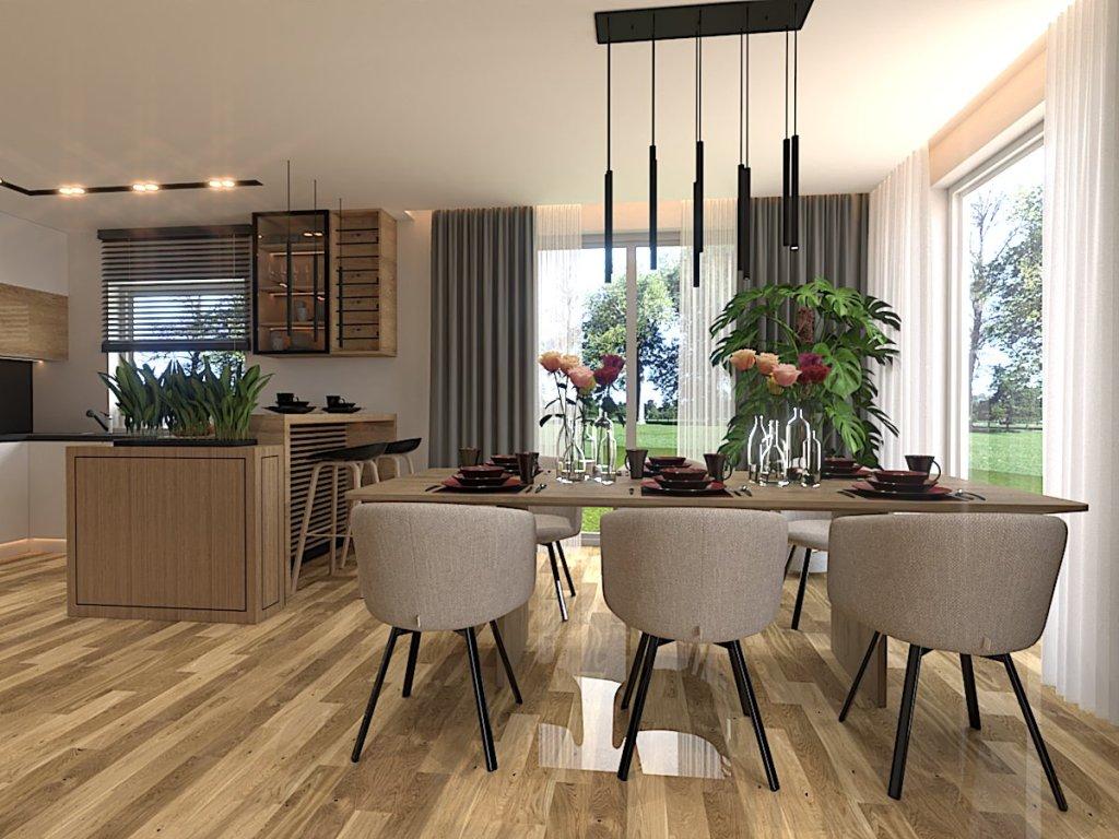 Projekt salonu z kuchnią i jadalnią na wizualizacji widzimy aranżację jadalni ze stołem dla 6 osób czarne zwisające lampy i krzesła w kolorze beżowym