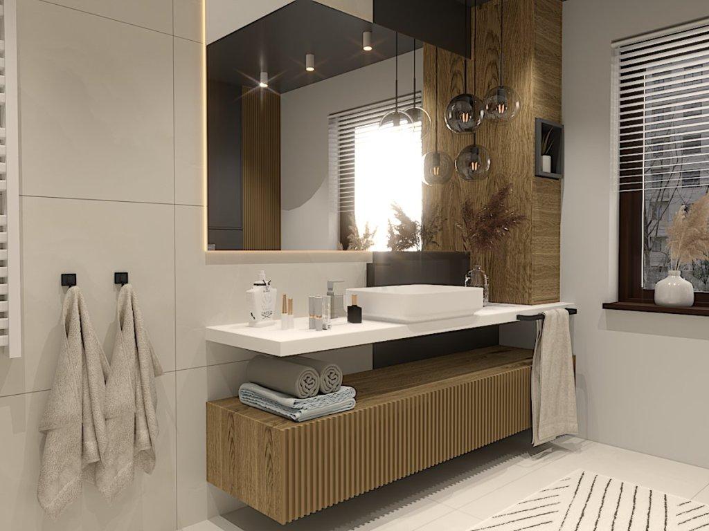 Projekt łazienki 8 m2 sompolno, projektant zaprojektował w tej łazience dużą szafkę pod umywalkę wraz ze słupkiem na przechowywanie rzeczy oraz duże lustro z lampami szklanymi