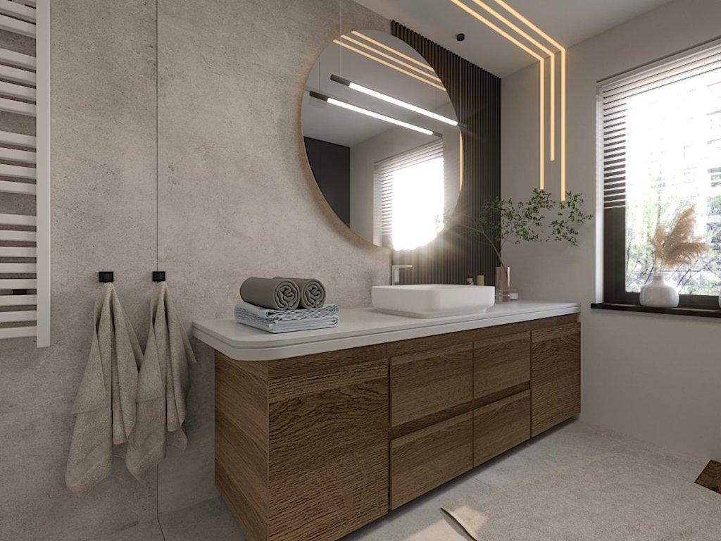 Projekt łazienki Sompolno na wizualizacji widzimy aranżację ściany z umywalką gdzie znajduje się dusza szafka pod umywalkę, okrągłe lustro z led