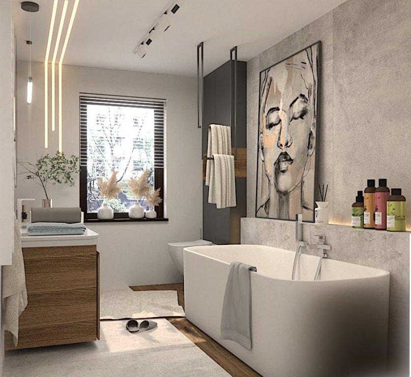Projekt łazienki Sompolno na wizualizacji widać wannę wolnostojąca przyścienną, zabudowę geberitu, paski Led w ścianie, dodatki w formie dużego plakatu