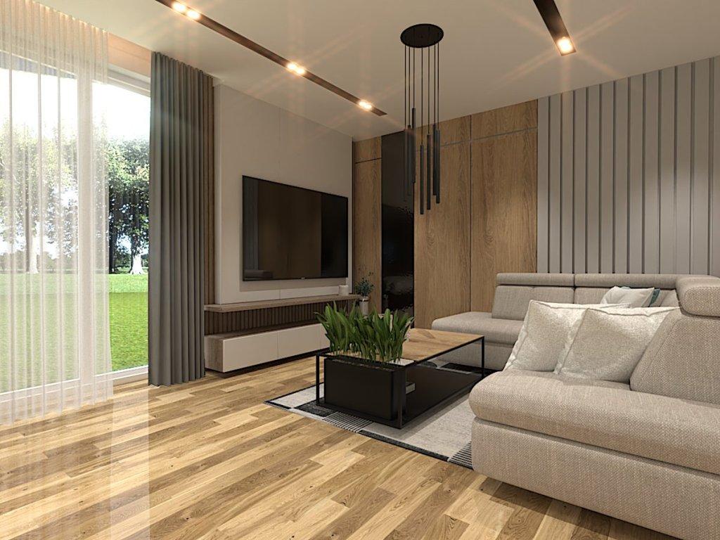 Projekt salonu kuchni i jadalni Pokrzywnica, na wizualizacji widzimy aranżację strefy wypoczynkowej