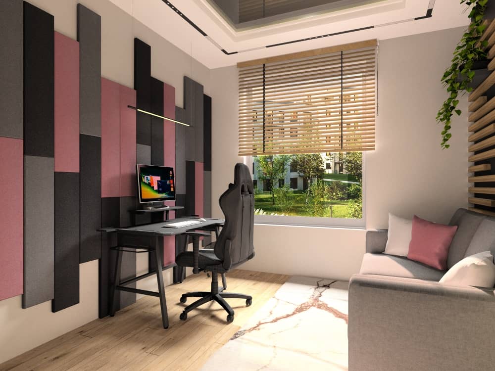 Pokój galmingowy dla gracza, dla gości, sofa szara, panele 3d na ścianie