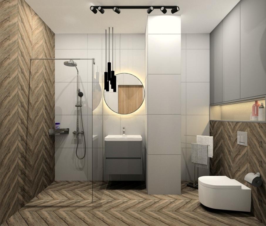 Łazienka, mieszkanie 43m2, pomysł na zabudowę ściany z geberitem, pomysł na ścianę z umywalką, pomysł na prysznic, łazienka w mieszkaniu dwupokojowym, łazienka w kolorach biał, drewno, czarny