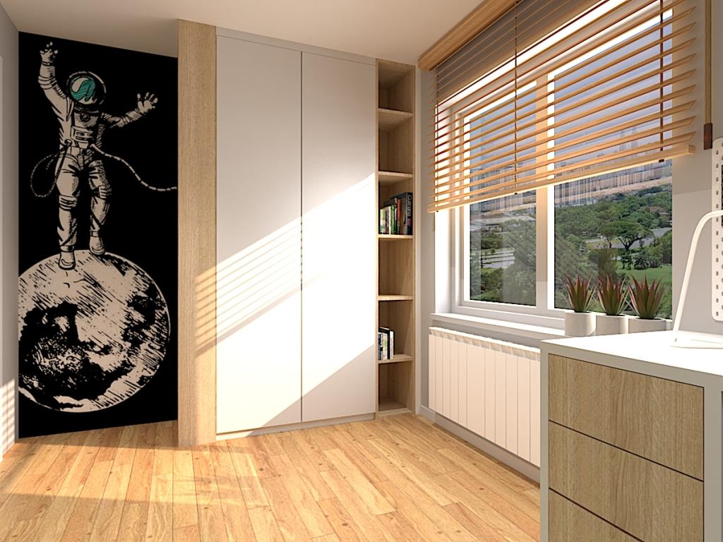 Inspiracja na zabudowę ściany w pokoju młodzieżowym w bloku