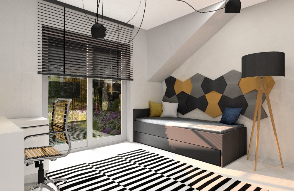 Młodzieżowy pokój dla nastolatka w kolorach biały, zółty, czarny