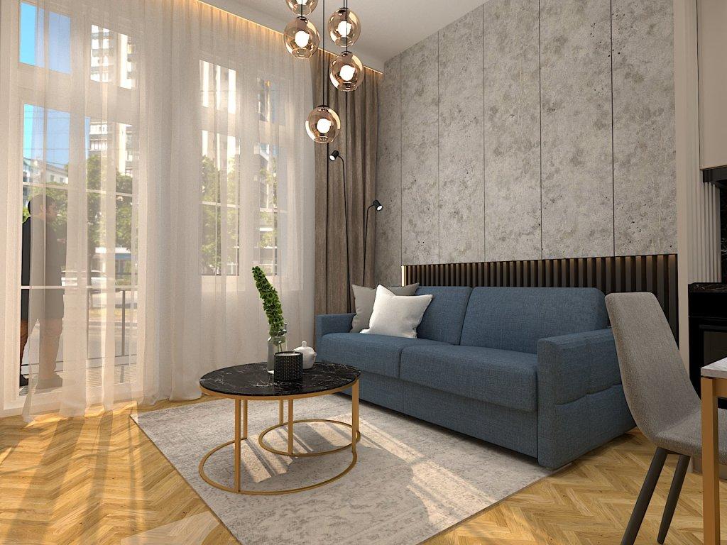 Salon, zdjęcie na aranżację ściany z sofą, granatowa sofa, beton na ścianie