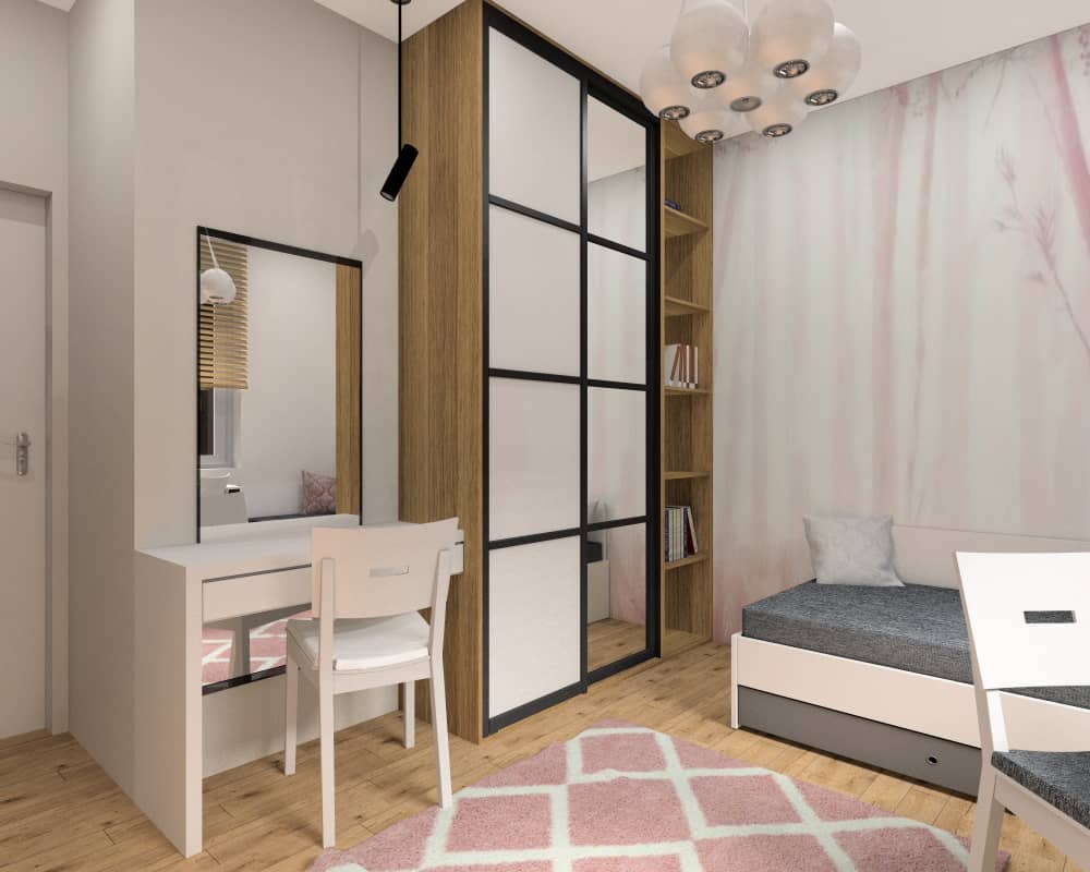 Meble do pokoju dziewczynki 11 lat, toaletka, szafa przesuwna z czarnymi ramami, łóżko białe podnoszone, duże listro, półki na zabawki, półki na książki, biurko białe