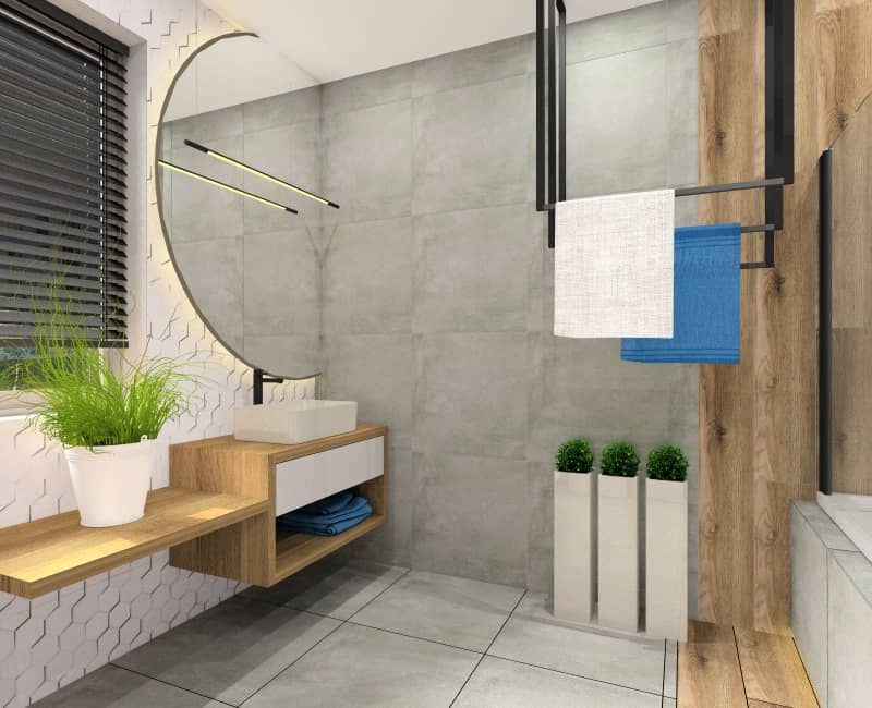Łazienka 10m2. Projekt łazienki z wanną, pralką, okrągłym lustrem, aranżacją ścian