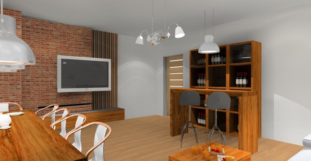 Salon w stylu loftowym, barek w salonie, stare drewno, cegła czerwona w salonie