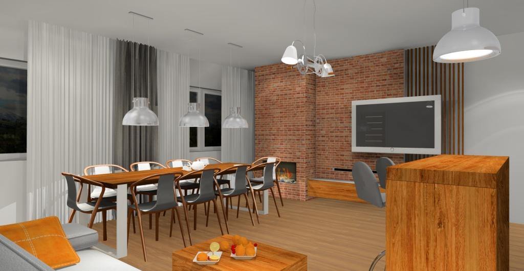 aranżacja salonu loft, cegła na ścianie, duży stół w salonie, barek w salonie