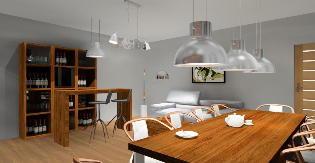 Salon w stylu loftowym, stół na środku w salonie, duże lampy nad stołem