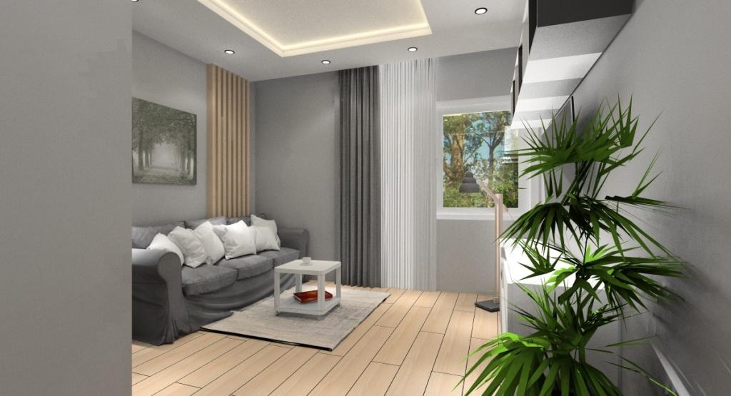 Projekt pokoju gościnnego, aranżacja nowoczesna, sofa, stoli kawowy IKEA, dywan szary