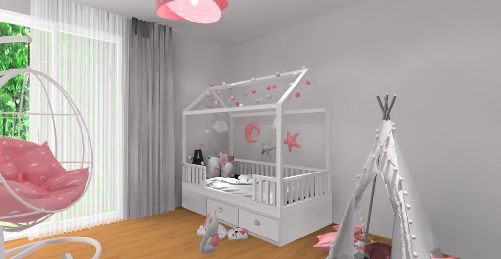 Aranżacja pokoju dla dziewczynki – biel, róż, szarość, łózko domek, tipi, fotel bujany
