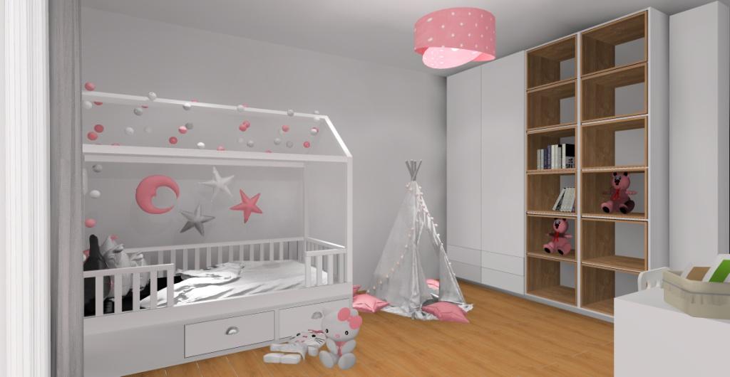 Aranżacja pokoju dla dziewczynki – biel, róż, szarość, łózko domek, tipi, szafa biała, półki na zabawki
