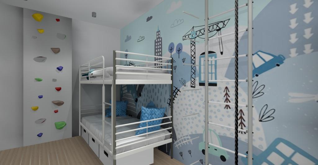 Aranżacja pokoju dla rodzeństwa łóżko piętrowe, ściana wspinaczkowa,fototapeta w kolorze niebieskim