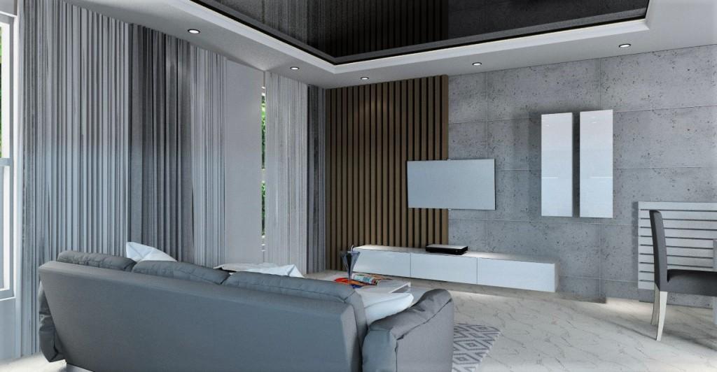 Nowoczesny salon z kuchnią – beton, szary, drewno 