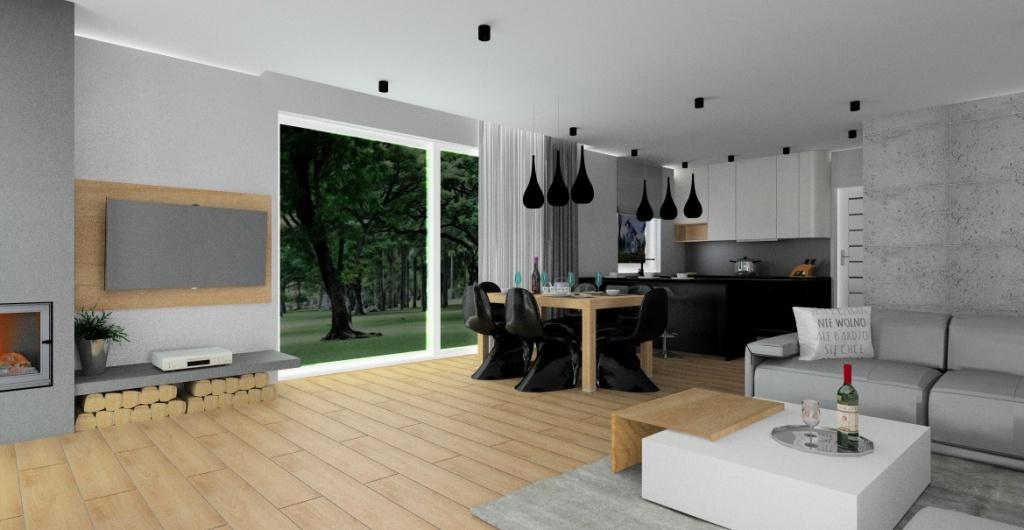 Salon z kuchnią w stylu nowoczesnym –czarny ,biały, drewno, beton