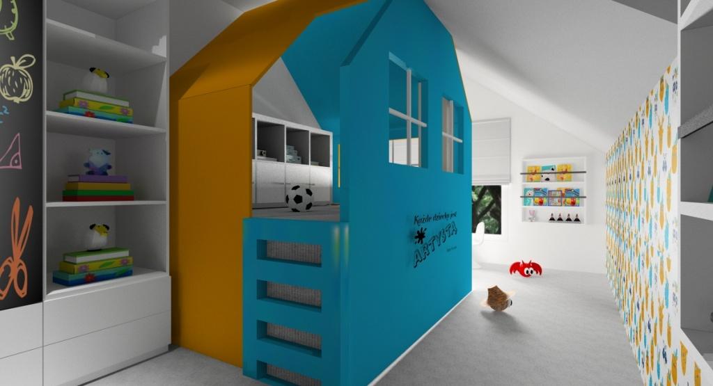 Dodatki do pokoju dziecięcego, kolory w pokoju, domek, półki na książki, tapeta, plakaty