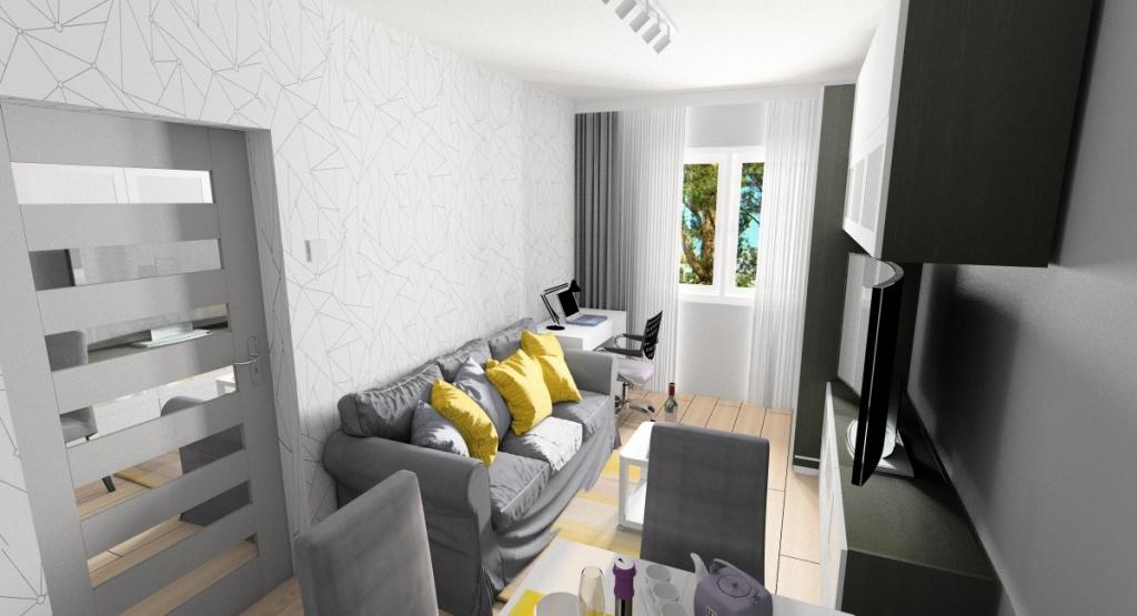Funkcjonalne zagospodarowanie przestrzeni małego mieszkania , pokój dzienny, biurko do pracy, stół, sofa dwuosobowa, Ikea besta