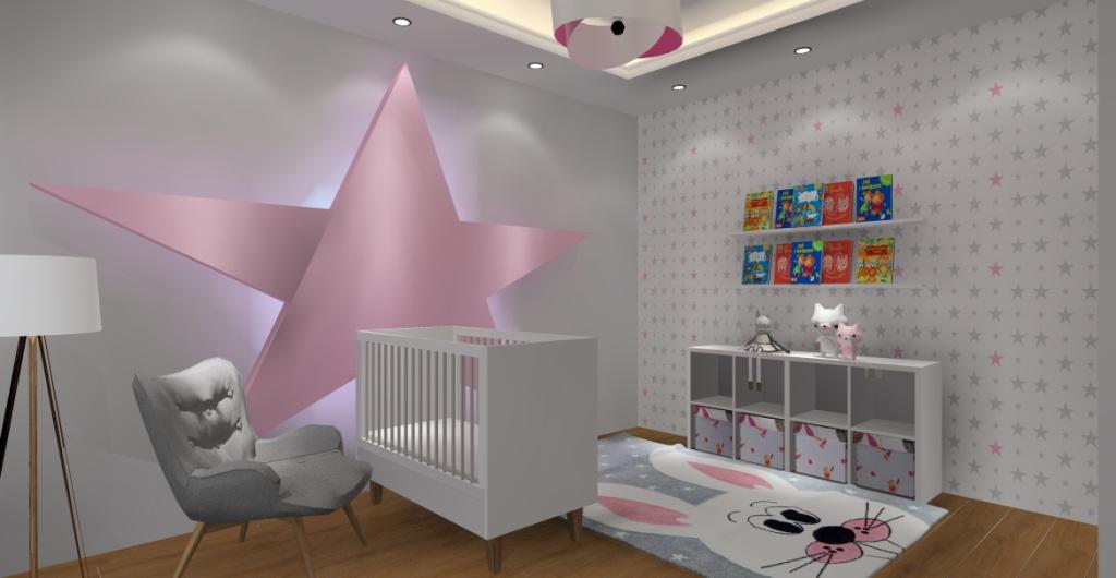 Jak urządzić pokój dla dziecka ? aranżacja wnętrza: biały, szary, róż, gwiazda na ścianie za łóżeczkiem dziecka, tapeta kwiazdki szare i różowe, dywan z królikiem, sufit podwieszany