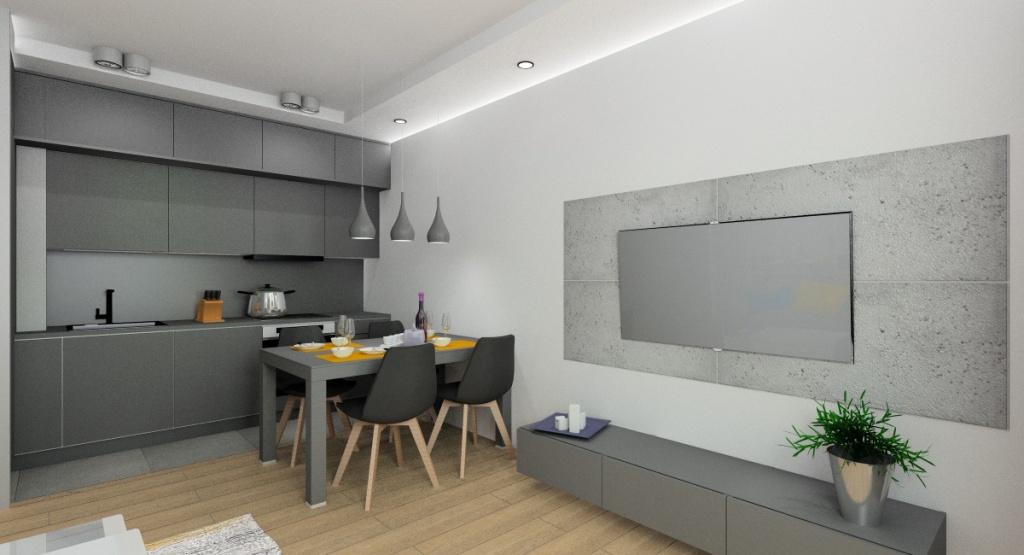 Nowoczesny salon z kuchnią, beton na ścianie w salonie, szara kuchnia do sufitu