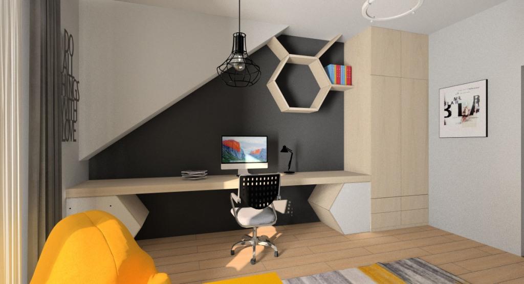 Pokój dla nastolatka, młodzieżowy, duże biurko, szafa, ściana farba tablicowa