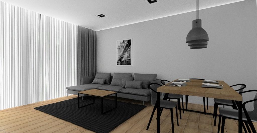 Salon z kuchnią w styl industrialnym, sufit podwieszany z oświetleniem , obraz nad sofą, stolik kawowy drewno