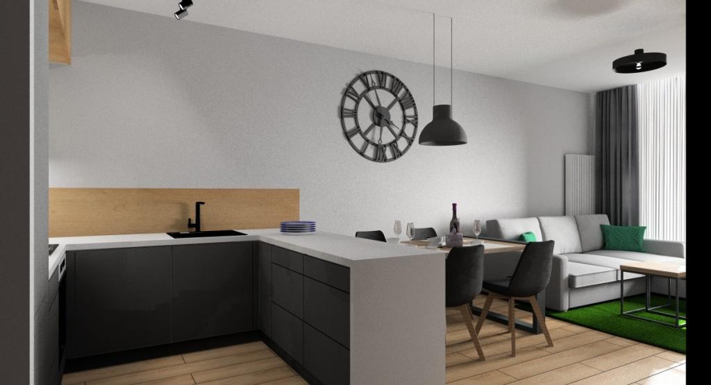 Wnętrze industrialne: salon z aneksem kuchennym