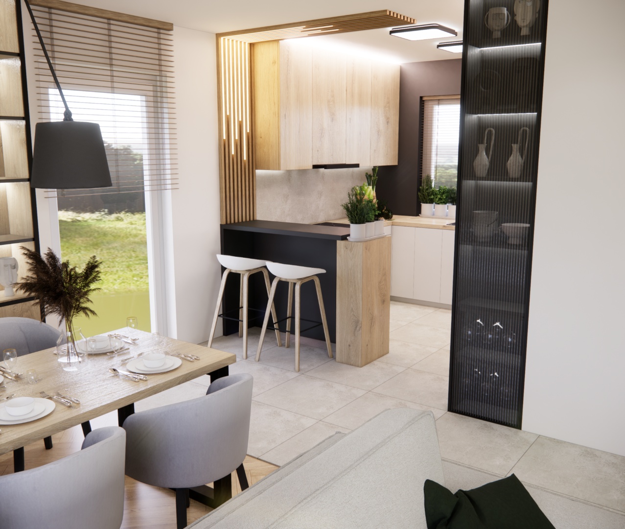 Nowoczesny salon z kuchnią i holem – spójna przestrzeń w naturalnych ...