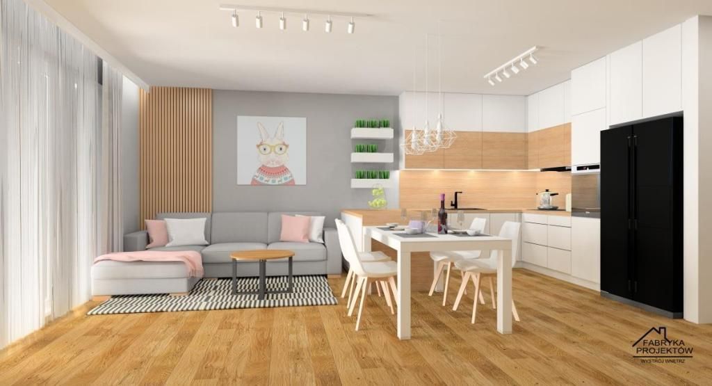 Salon z kuchnia styl skandynawski,w kolorach biały, szary, drewno, dodatki obrazy pudrowy róż, poduszki pudrowy różialy-poduszki-pudrowy-roz