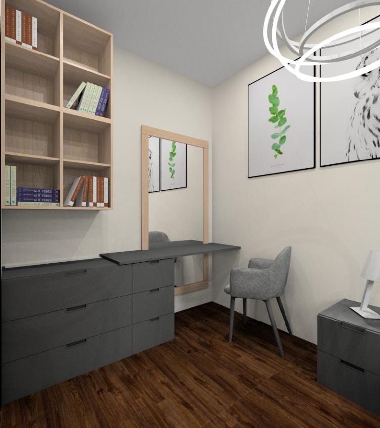 Aranżacja sypialni, Blat do toaletki IKEA Nordi, łóżko IKEA Nordi grafitowe, komoda IKEA Nordi