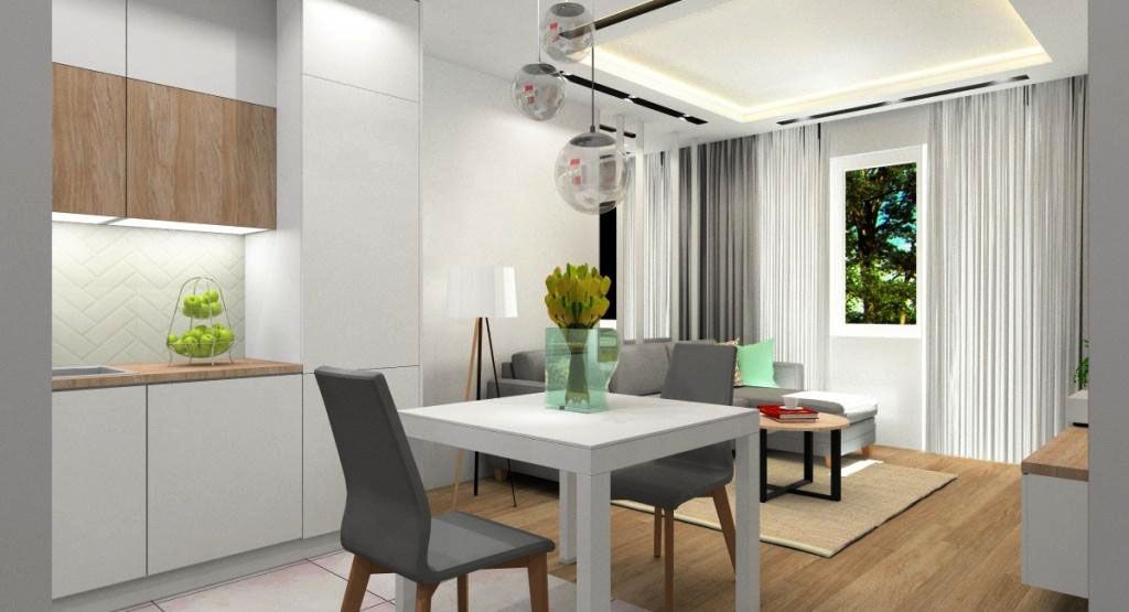 Pomysł na salon z kuchnią i holem: aranżacja salonu z aneksem kuchennym i holem 
