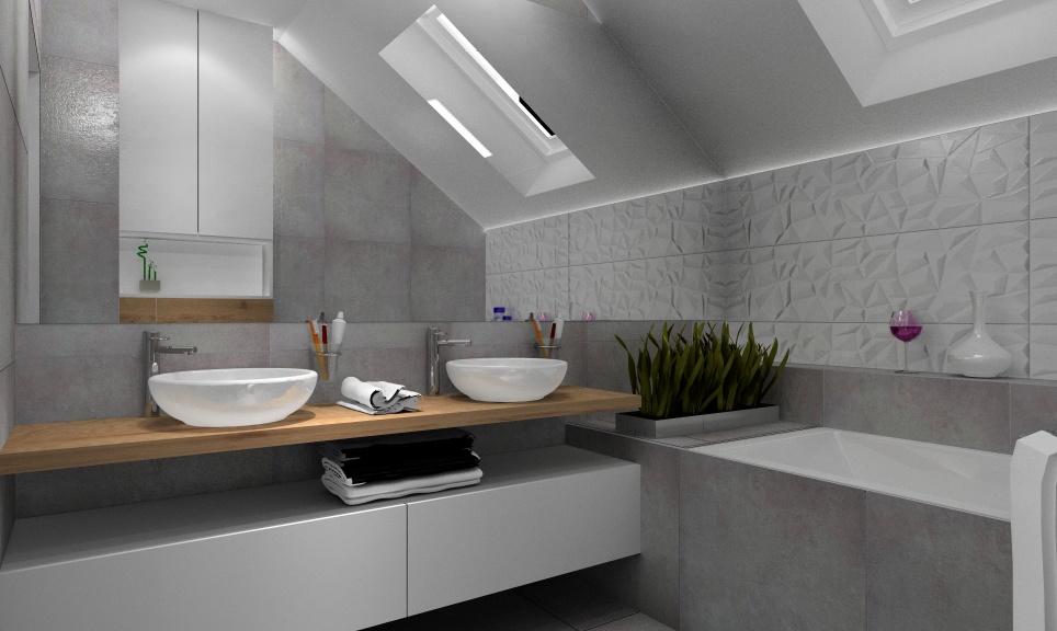Łazienka z wanną, łazienka z prysznicem: szary, biały, drewno