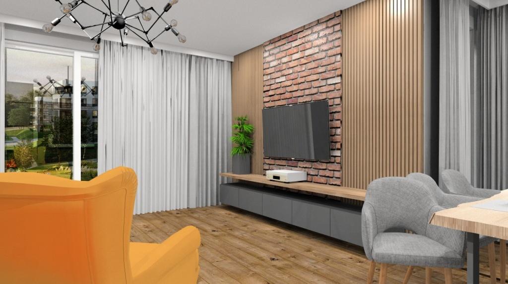 Salon, kuchnia, nowoczesna, industrialna, cegła na ścianie telwizyjnej, drewno, szary, zółty fotel, lampy ażurowe