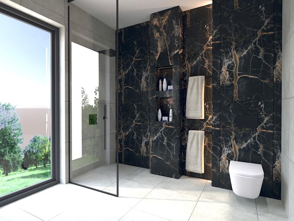 Trzeci projekt łazienki z szybą prysznicową, płytkiami imitującymi czarny, złoty marmur, płytki szare