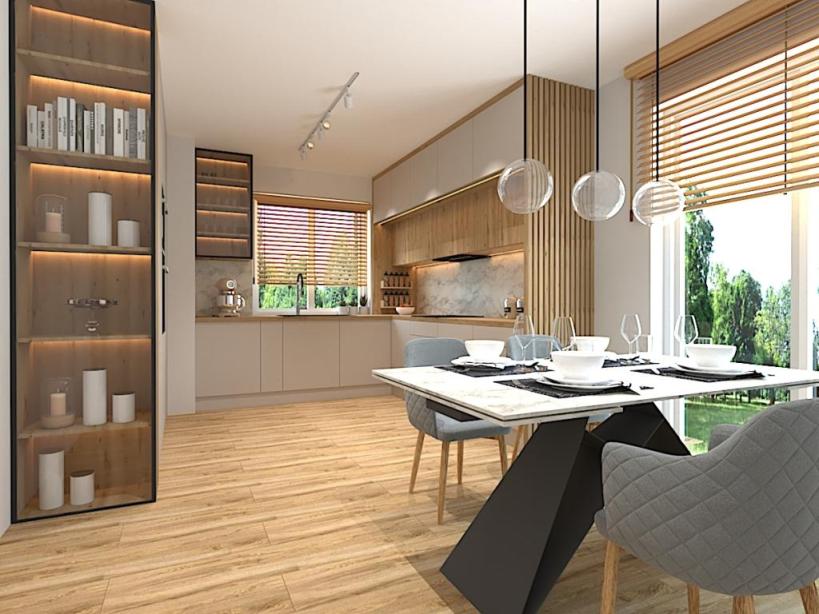 Projekt nowoczesnej, przytulnej kuchni w kolorze kaszmiru