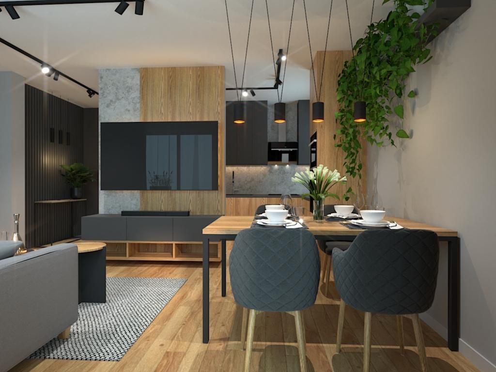 Projekt wnętrza mieszkania salon z aneksem kuchennym