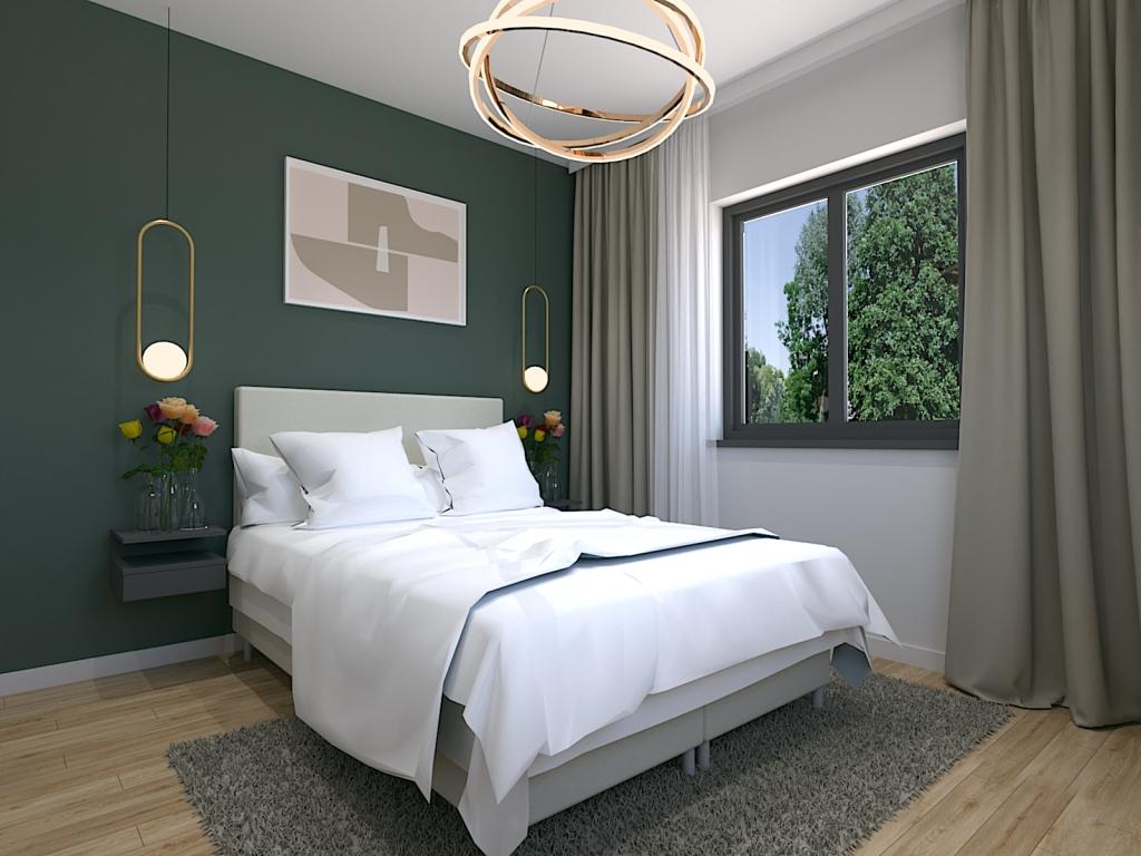 Projekt sypialni ze złotymi lampami oraz scianą w kolorze butelkowej zieleni