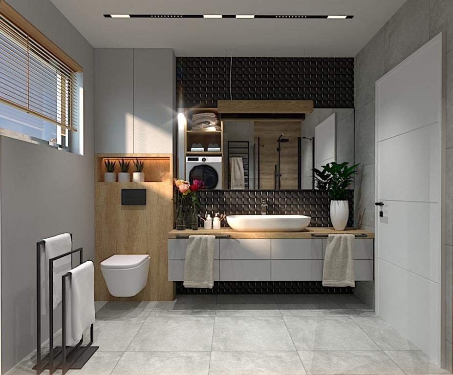 Projekt łazienki z czarnymi płytkami 3d - Buczkowice