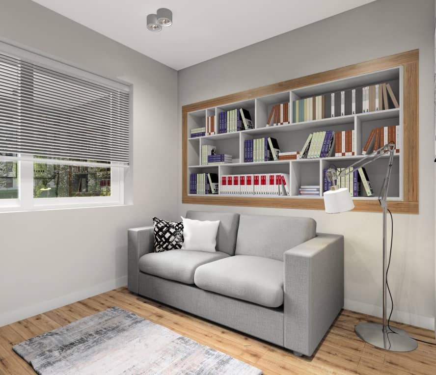 Biuro w domu, półki w ścianie na ksiązki, sofa szara