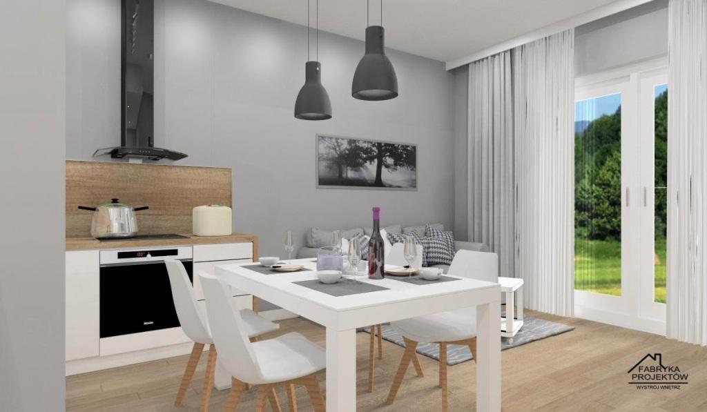 Mieszkanie na wynajem, projekt wnetrza salonu z aneksem, widok na salon z sofą i białą kuchnię