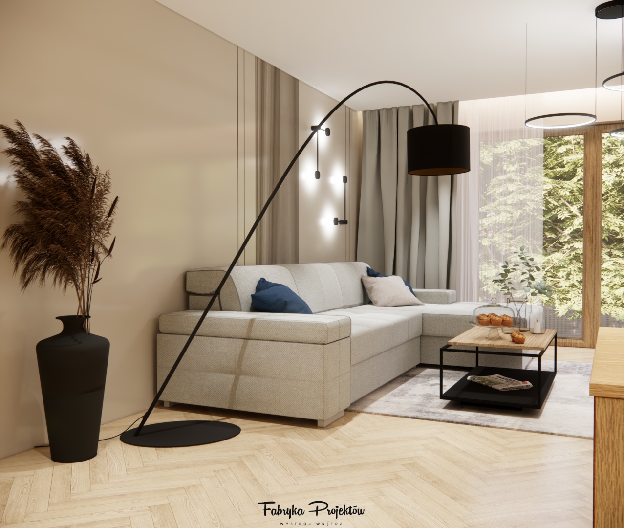 Jasny salon z narożnikiem i dużym oknem tarasowym – przytulna część dzienna w projekcie domu o powierzchni 120 m2