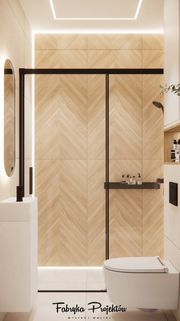 Mała łazienka z prysznicem i minimalistyczną umywalką – projekt wnętrza domu 120 m2