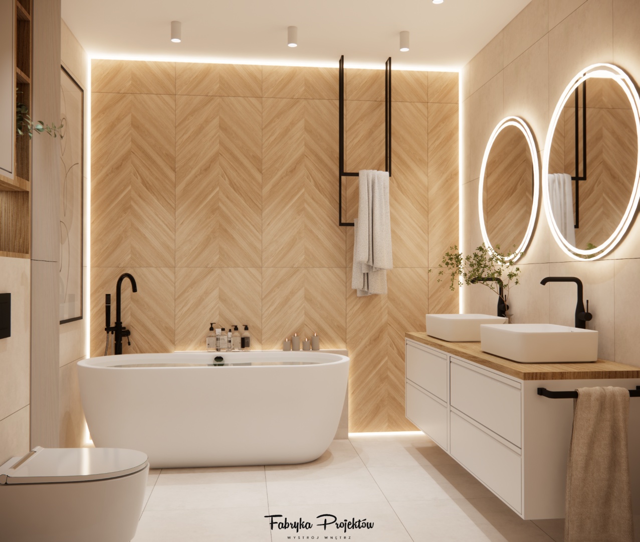 Nowoczesna łazienka z wanną wolnostojącą i dwoma umywalkami – komfortowe wnętrze w projekcie domu.