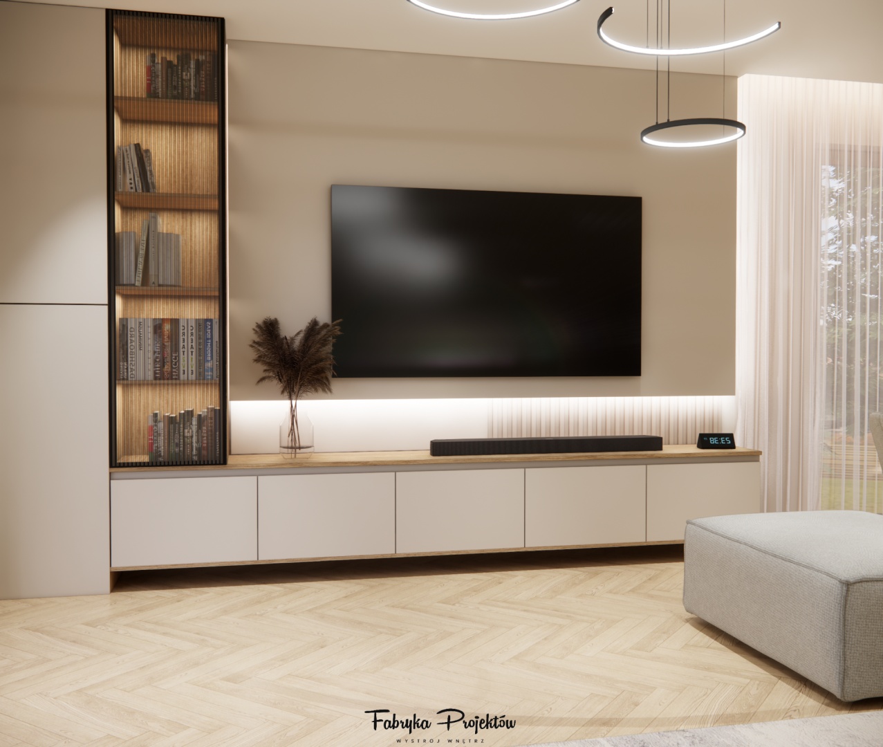 Nowoczesna ściana telewizyjna z zabudową meblową i podświetleniem LED – fragment salonu z projektu domu o powierzchni 120 m2