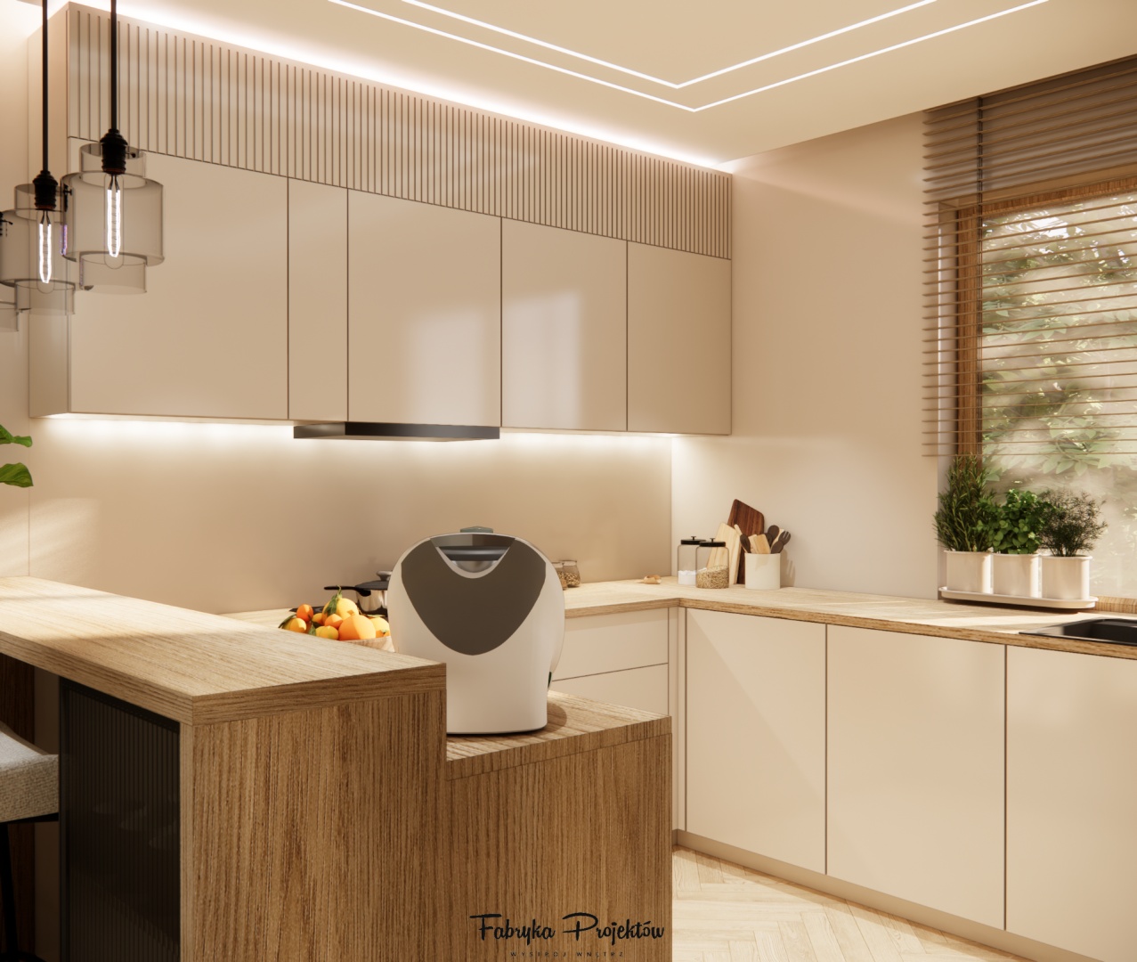 Nowoczesna zabudowa kuchenna w jasnych kolorach z czarnym sprzętem AGD