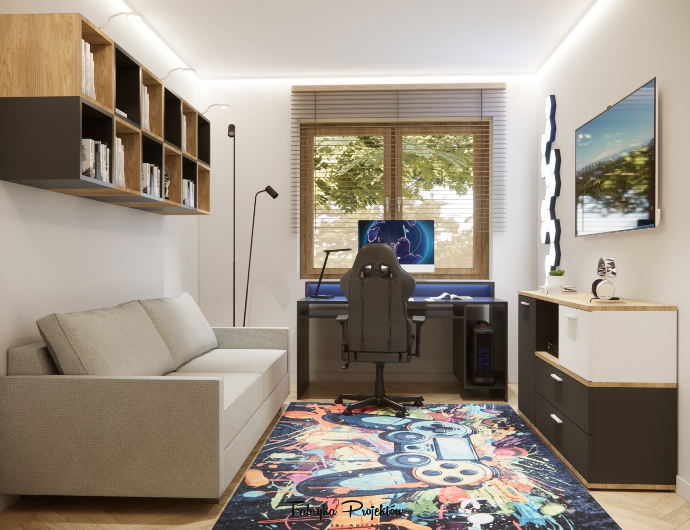 Pokój nastolatka z biurkiem gamingowym, komputerem i wygodnym fotelem – funkcjonalna przestrzeń do nauki i relaksu.