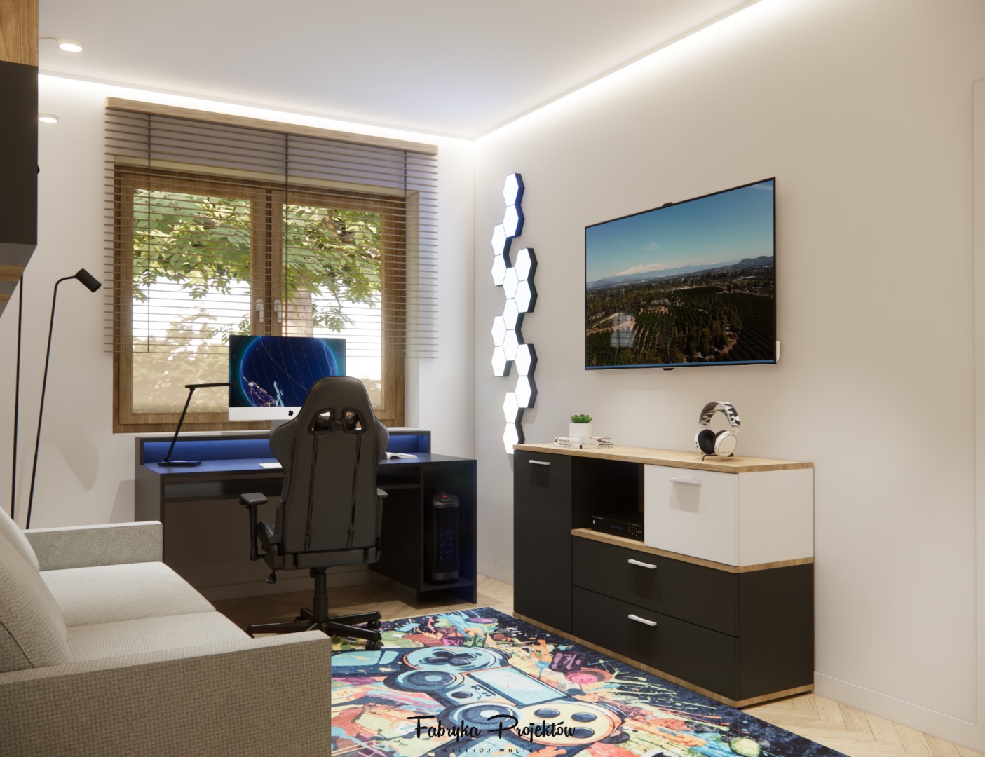 Pokój nastolatka z telewizorem, dekoracyjnym panelem LED i nowoczesną komodą